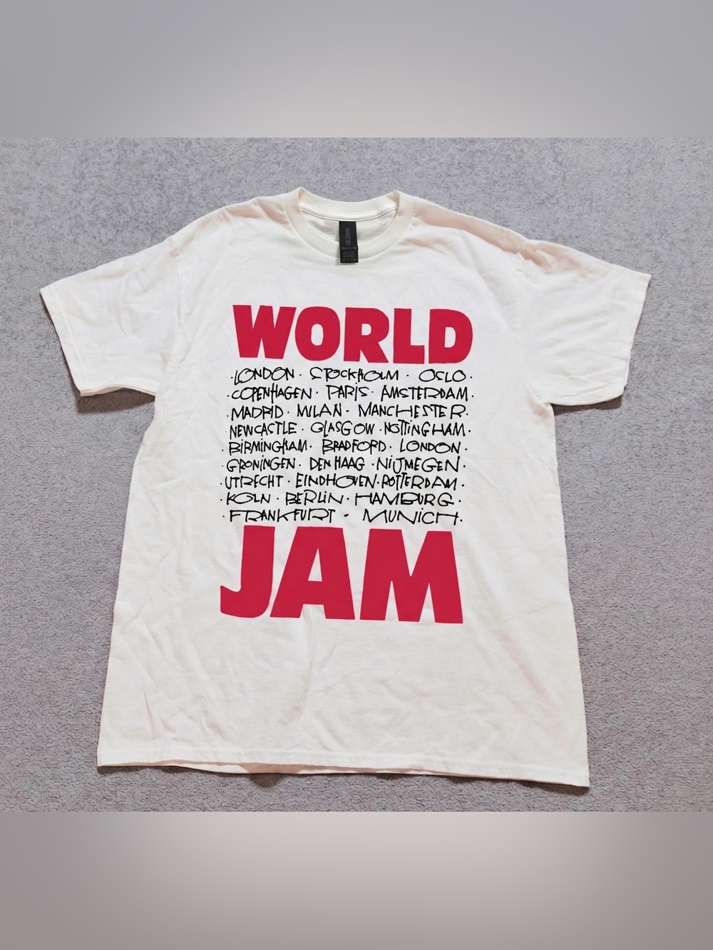 Gildan White Short Sleeve Tee with Red WORLD JAM Graphic